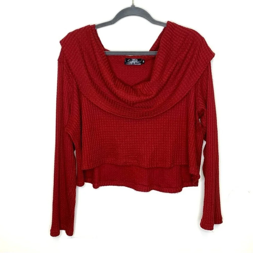 Sympli Burnt Red Off Shoulder Waffle Knit Semi Cropped Sweater Top Size 16